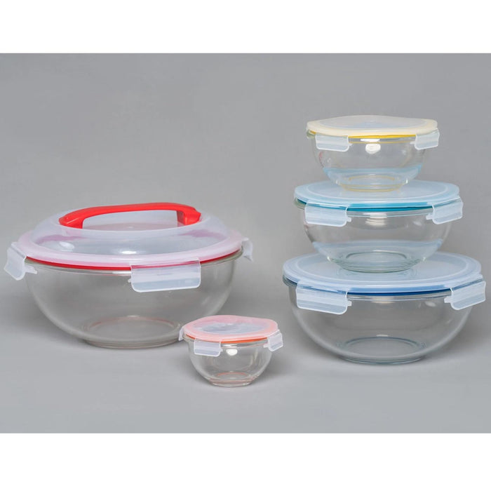 5 Container Nesting Borosilicate Glass Mixing Bowl Set With Lids & Carry Handle