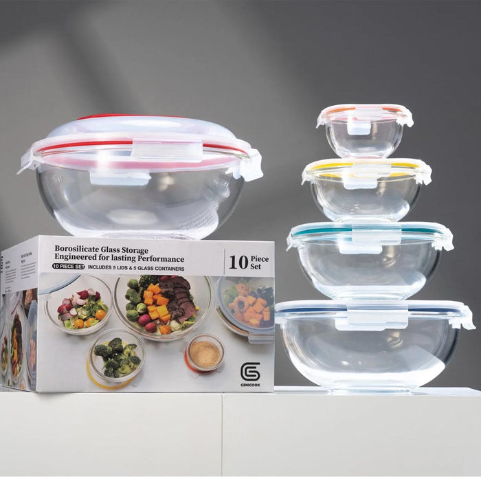5 Container Nesting Borosilicate Glass Mixing Bowl Set With Lids & Carry Handle