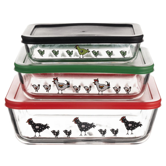 Rectangular Borosilicate Glass "Roosters" Nesting Container Set With Lids