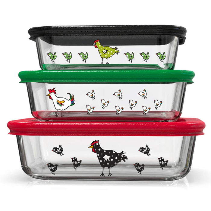 Rectangular Borosilicate Glass "Roosters" Nesting Container Set With Lids